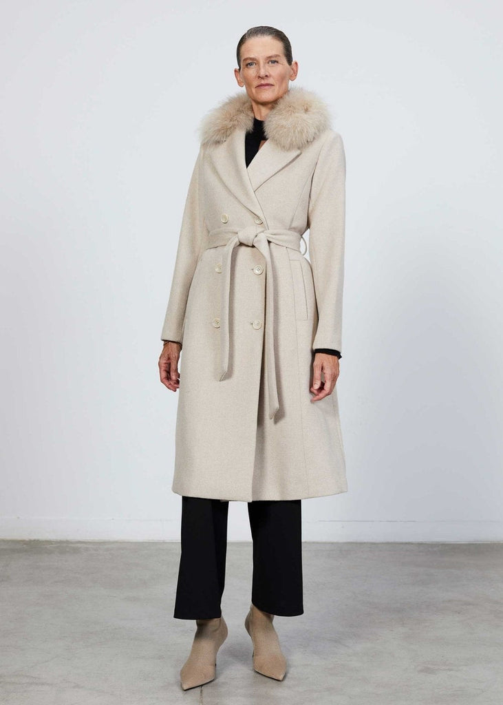 Manteau croisé avec col fourrure beige - BEIGE MOYEN