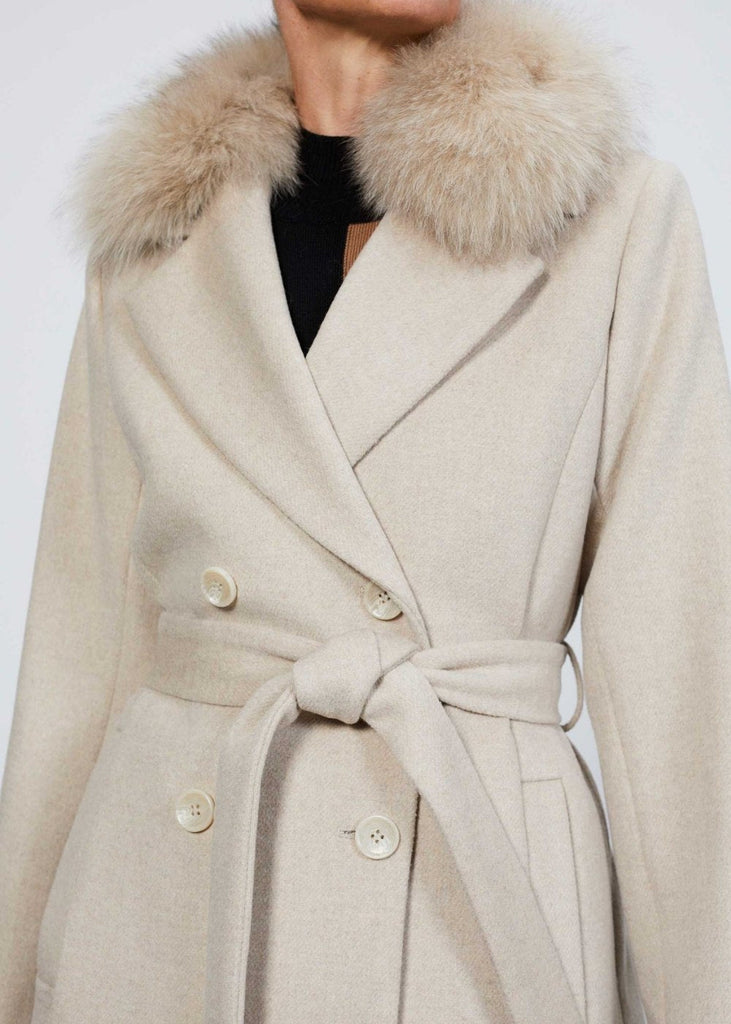 Manteau croisé avec col fourrure beige - BEIGE MOYEN