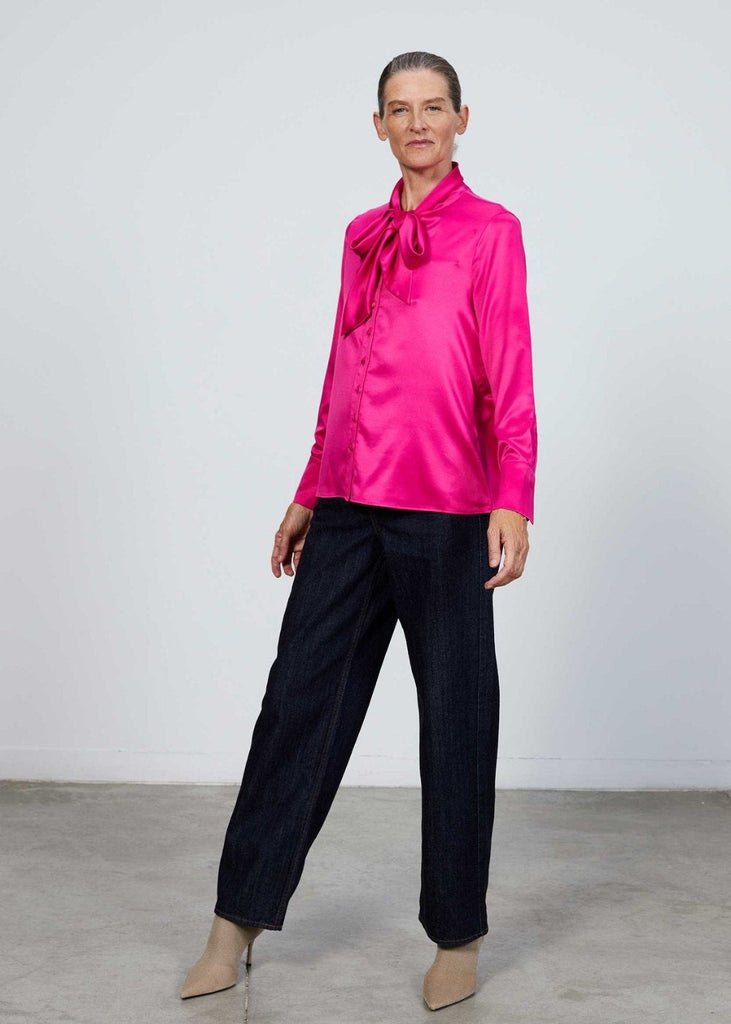 Blouse satinée col lavallière fushia - FUCHSIA