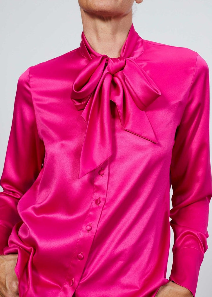 Blouse satinée col lavallière fushia - FUCHSIA