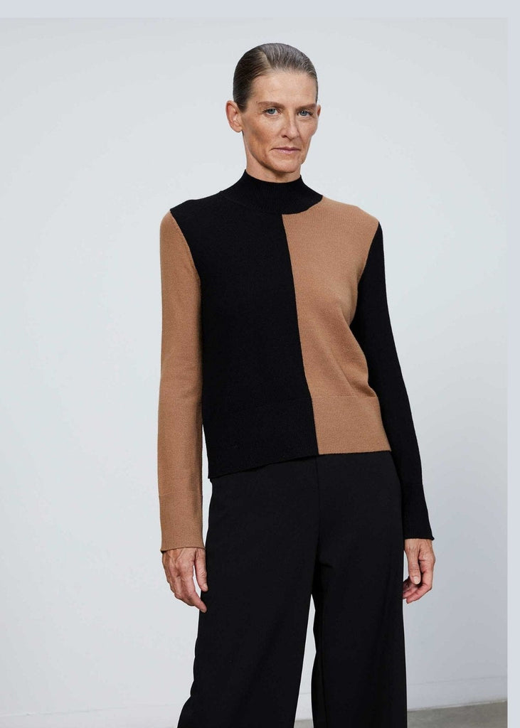 Pull au design asymétrique noir et camel - CAMEL