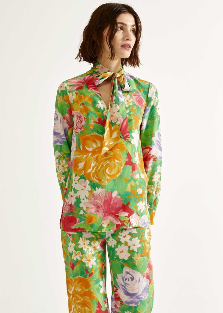Chemise col lavallière à motif fleuri multicolore