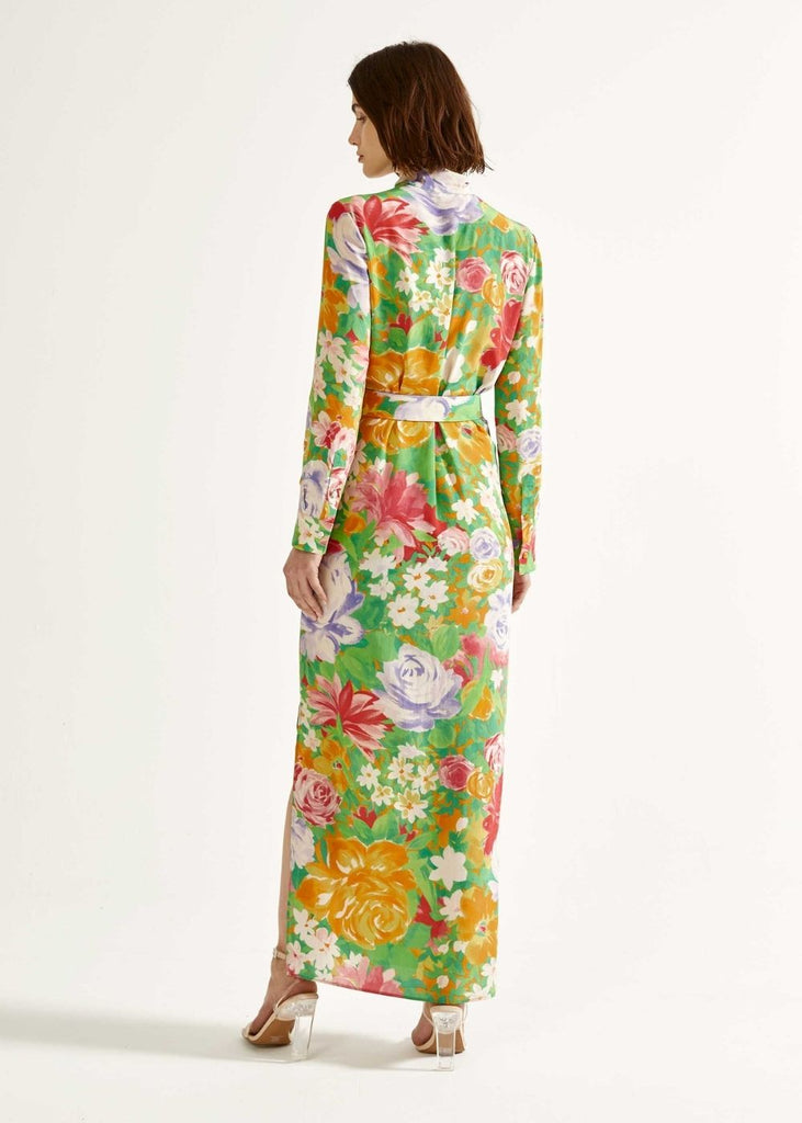 Robe longue col lavallière à motif multicolore