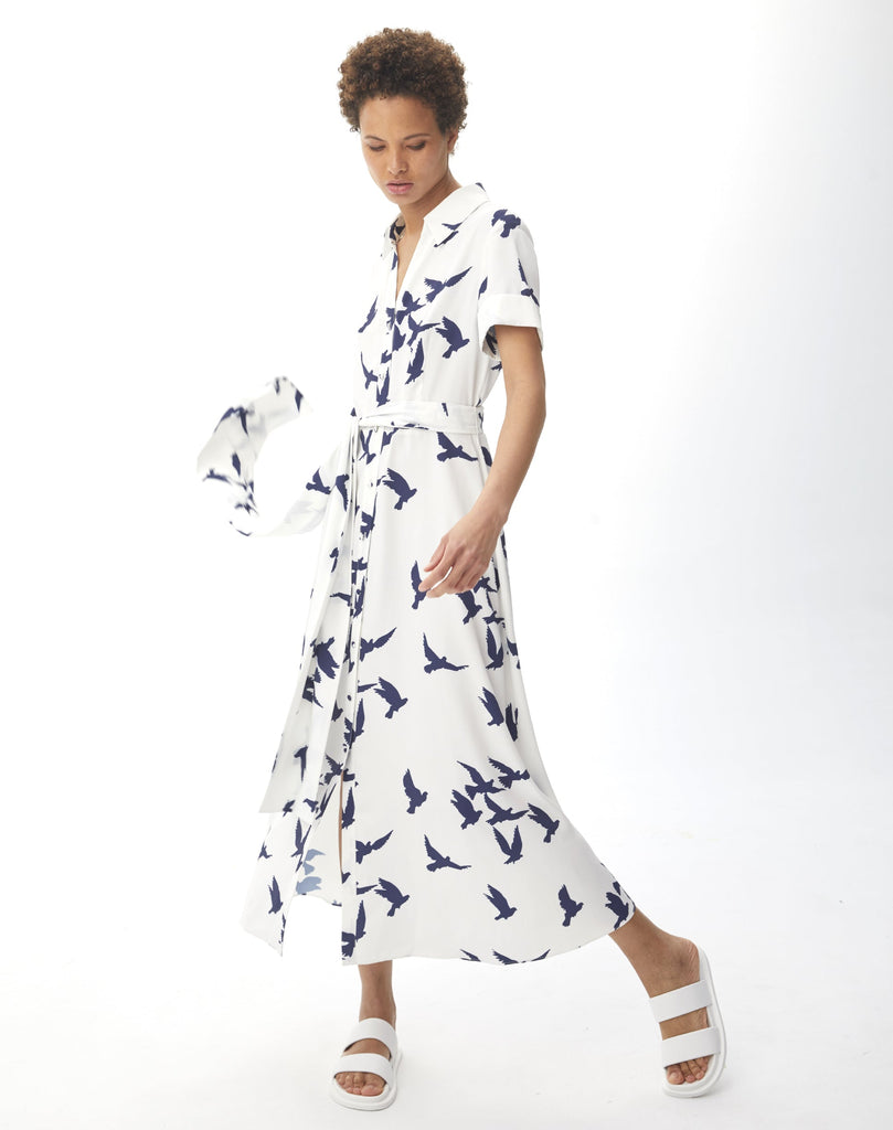 Robe longue imprimé oiseaux - BLEU_FONCE